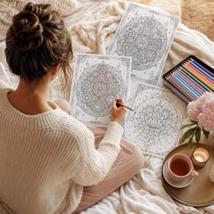 May include: Three white paper sheets featuring intricate black line art mandala and lotus flower designs, a metal tin containing multicolored pencils, and a pink mug on a tray. One sheet is partially colored with soft pastel shades.