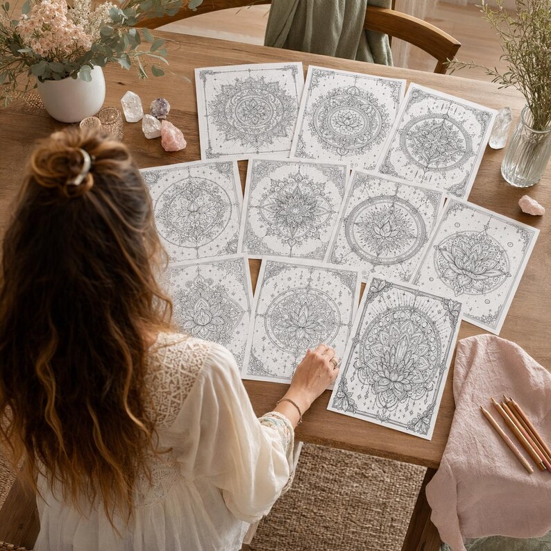 May include: A collection of ten white paper sheets featuring intricate black line art mandala and lotus flower designs arranged on a wooden surface. The detailed illustrations include geometric patterns, floral motifs, and celestial elements.