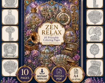 May include: A digital collection of 10 printable coloring pages titled ZEN RELAX, featuring a central book cover illustration with a castle, clock, gramophone, and purple flowers, surrounded by ten individual black and white line art thumbnails.
