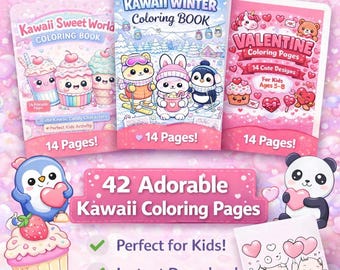 Pagine da colorare Kawaii per bambini: 42 simpatiche pagine stampabili, pacchetto di 3 libri da colorare, formato A4 e PDF (formato US Letter).