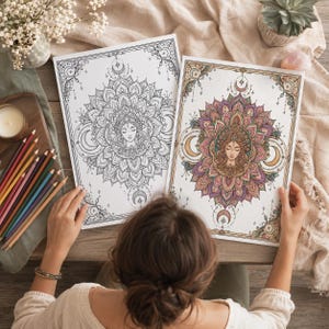May include: Two rectangular coloring pages featuring a central illustration of a person surrounded by intricate mandala patterns, crescent moons, and stars. One page is a black and white line drawing, while the other is a fully colored version.