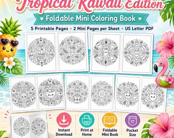 Pocket Relax Collection: Mini libro da colorare stampabile in PDF, edizione Tropical Kawaii, 5 pagine pieghevoli, 10 simpatici mandala, Relax Everywhere
