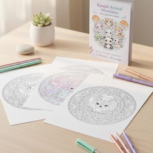 Paquete de mandalas de animales Kawaii adorables: temas de bosque y océano: 25 páginas para colorear imprimibles + 3 adicionales. imagen 15