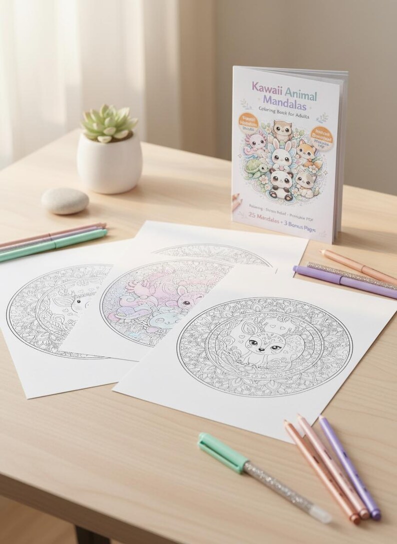 Paquete de mandalas de animales Kawaii adorables: temas de bosque y océano: 25 páginas para colorear imprimibles + 3 adicionales. imagen 15