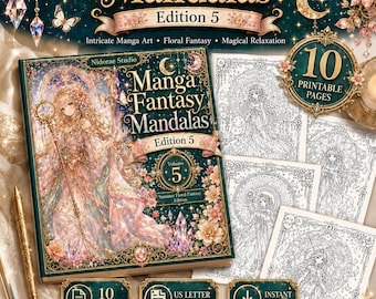 Disegni da colorare di anime fantasy per adulti: 10 mandala manga, stampabili in PDF, formato A4 e US Letter.