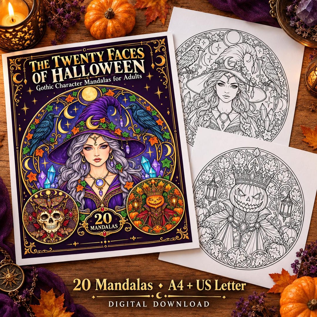 Halloween Character Mandalas for Adults, 20 Gothic Coloring Pages ...