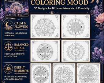 Disegni da colorare dei chakra per adulti: 30 mandala celesti, fasi lunari, stampabili in PDF, formato A4 e US Letter.