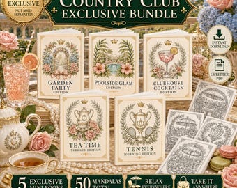Mini set di libri da colorare per adulti: 5 libretti tascabili Country Club, 50 mandala stampabili, formato PDF A4 e US Letter.