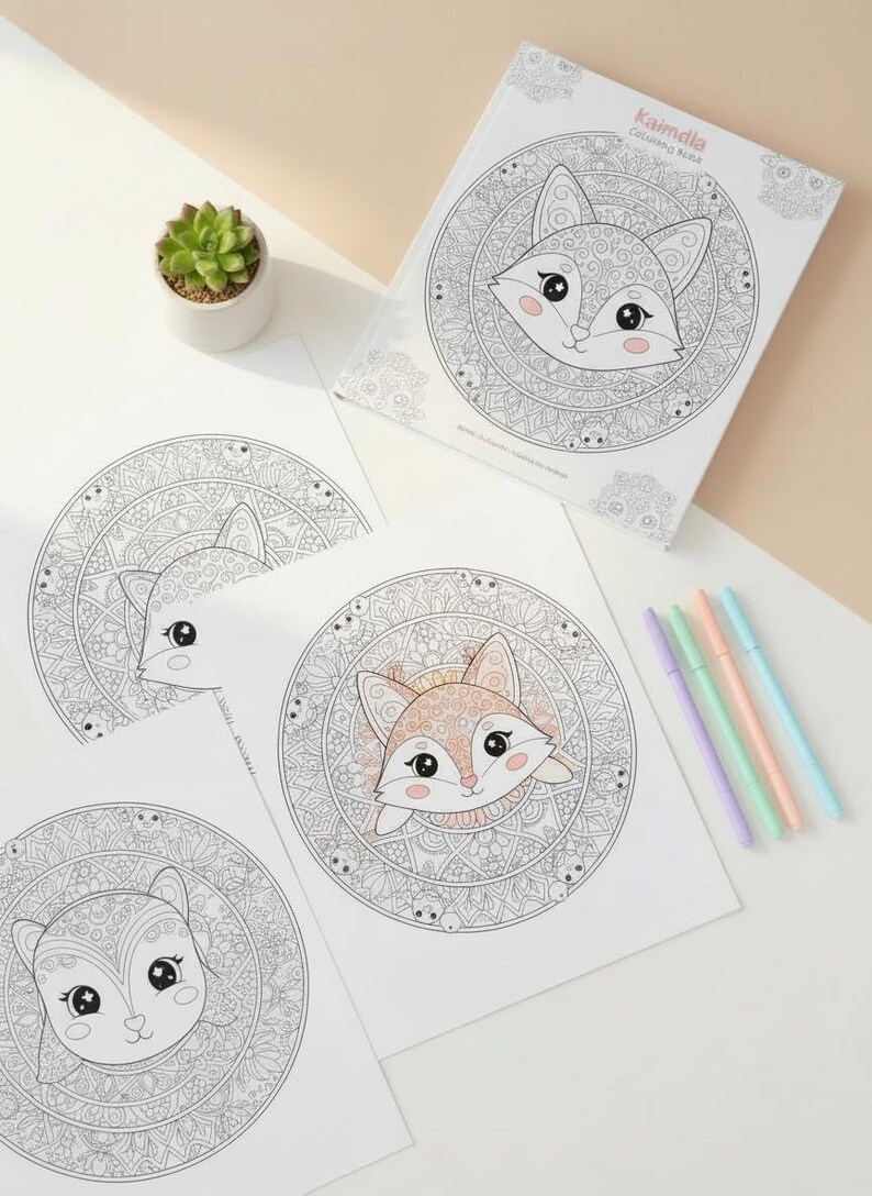 Paquete de mandalas de animales Kawaii adorables: temas de bosque y océano: 25 páginas para colorear imprimibles + 3 adicionales. imagen 18