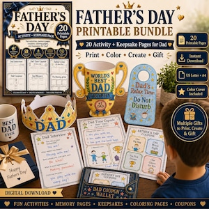 May include: A Father's Day printable bundle featuring 20 pages including a Dad interview, time capsule, coupons, a paper crown, a trophy cutout, a door hanger, and a coupon wallet. The set includes text such as World's Best Dad Trophy and Dad's Relax Time.