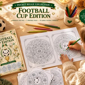 Peut inclure: Un livre de coloriage intitulé Football Cup Edition avec une couverture illustrée de ballons de football et d'animaux. Il contient dix pages imprimables de mandalas. Une personne colorie un mandala circulaire avec un crayon vert sur un bureau.