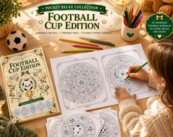 10 Mandala di calcio Kawaii stampabili in PDF, edizione Coppa del Mondo di calcio Pocket Relax Collection, pagine da colorare a download immediato