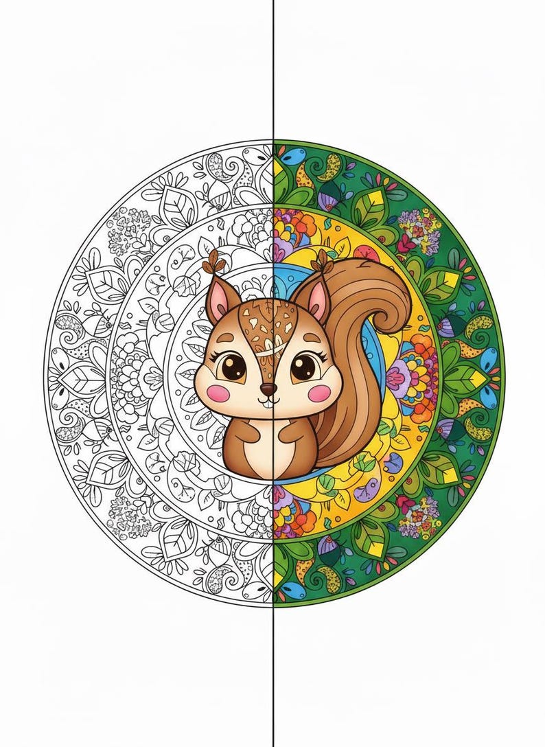 Paquete de mandalas de animales Kawaii adorables: temas de bosque y océano: 25 páginas para colorear imprimibles + 3 adicionales. imagen 8