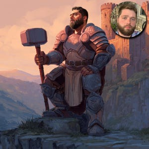 May include: Digital artwork of a knight in full armor, holding a large hammer. The knight is kneeling on a cliff overlooking a landscape with a castle in the background. The armor is detailed with shades of gray and bronze.