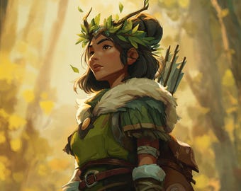 Puede incluir: Ilustración de una mujer en un entorno forestal, vestida con una túnica verde con cuello de piel y una corona de hojas. Lleva un carcaj de flechas y una mochila marrón, con una expresión serena. El fondo presenta una suave luz dorada filtrándose entre los árboles.