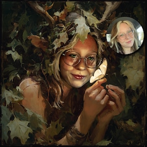 May include: A digital painting of a person with glasses and a butterfly. The person is surrounded by leaves and foliage, with a small inset photo of the person. The butterfly is white and yellow, and the person is smiling.