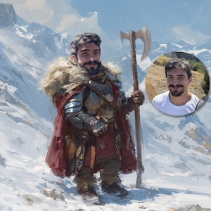 May include: An illustration of a dwarf warrior in a snowy mountain scene. The warrior is clad in armour, a fur cloak, and a red cape, and carries a large axe. A smaller portrait of a man in a white shirt is in the background.