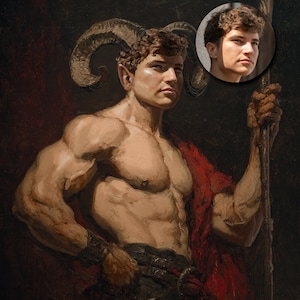 Puede incluir: Pintura digital de una figura musculosa con cuernos de carnero y orejas puntiagudas, sosteniendo un bastón. La figura lleva una tela roja y una prenda negra. Un retrato de un joven está en la esquina superior derecha. El fondo es rojo oscuro.