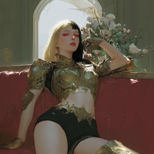 Puede incluir: Una persona con cabello negro y rubio que lleva una armadura dorada y pantalones cortos negros, sentada en un sofá rojo. La armadura tiene diseños intrincados. Flores blancas en el fondo.