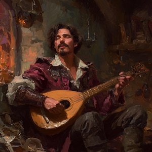 May include: An oil painting depicts a man playing a lute. He wears a burgundy jacket with a white collared shirt. The lute is a light brown color. The background is dark with hints of gold and brown.