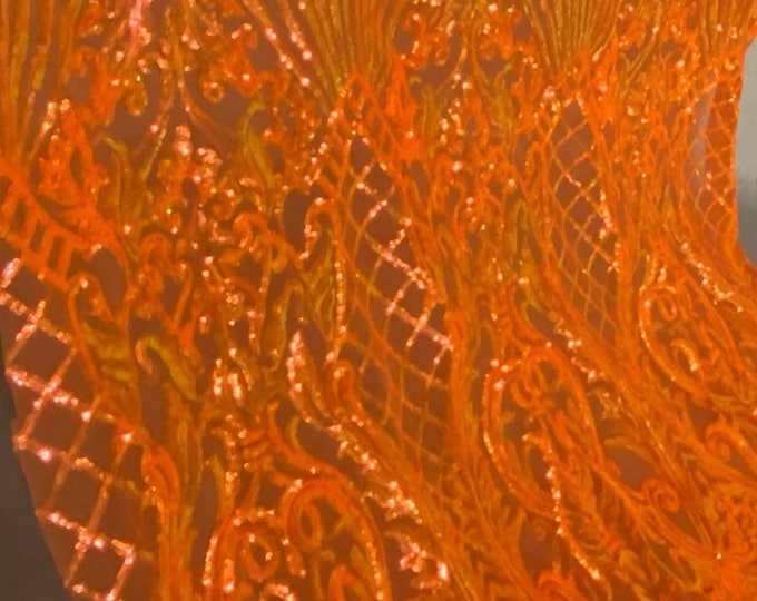 4-way Stretch Geometric Seashell fishnet sequin mesh dress grown Fabric BY THE YARD