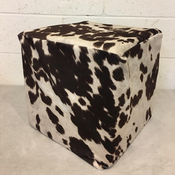 Chocolate Cow print suede Ottoman Footstool Cube Sheepskin Designer Accent Living Room Bedroom home decor 14 by 14 by 14 inch