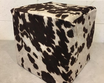 Chocolate Cow print suede Ottoman Footstool Cube Sheepskin Designer Accent Living Room Bedroom home decor 14 by 14 by 14 inch