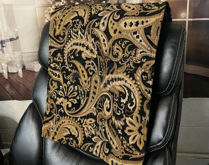 14x30" Black Paisley floral leaf chenille Loveseat, Chaise, Theater Seat, Chair Caps, Headrest Pad, Recliner Head Cover, Furniture Protector