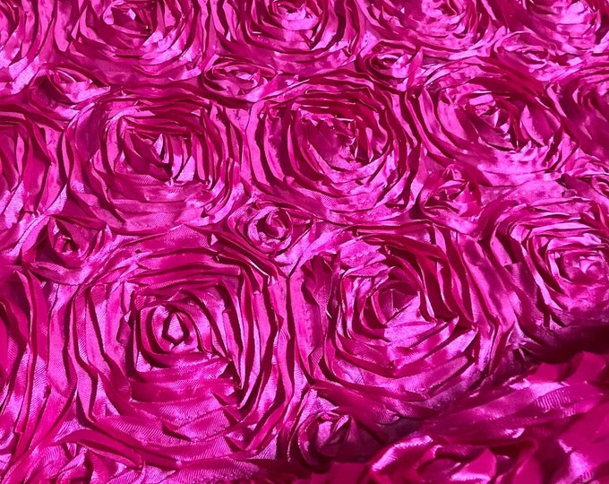 Hot pink satin Rosette 3D Flower drapery fabric BY THE YARD 54" Wide