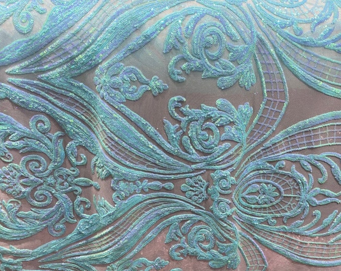 Mint blue Victorian Egg/Tulip, Sequin, 4-way Stretch, Fabric 54" Sold By the yard