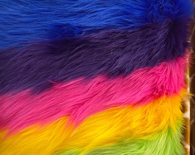 Rainbow colored faux fur, shaggy colorful 60" inch wide Upholstery Fabric by the yard