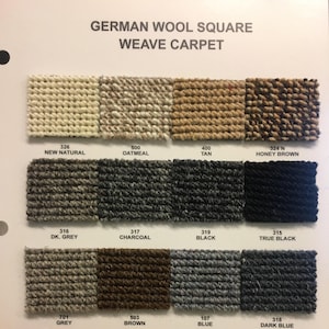 May include: A color chart of German wool square weave carpet samples. The samples are arranged in rows and columns, with each sample labeled with a number and a color name. The colors include new natural, oatmeal, tan, honey brown, dark grey, charcoal, black, true black, grey, brown, blue, dark blue, red, bright red, dark green, and light green.