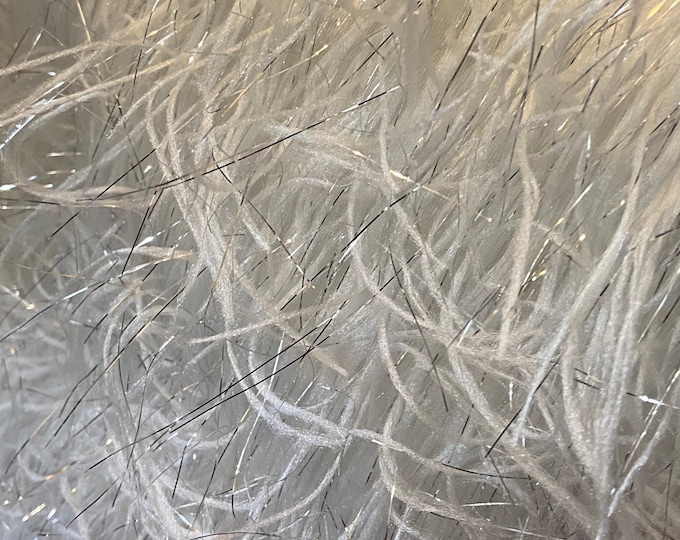 White feather tinsel on mesh fabric per yard 60" wide