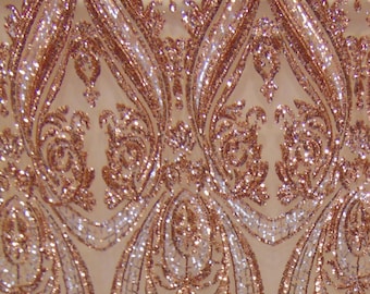 Victorian Egg/Tulip, Rose Gold, Big Print, Sequin, 4-way Stretch, Fabric 54&quot; Sold By the Yard, Wedding, Prom, Dresses, Lingerie, Pageant