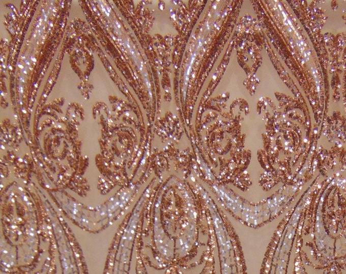 Victorian Egg/Tulip, Rose Gold, Big Print, Sequin, 4-way Stretch, Fabric 54" Sold By the Yard, Wedding, Prom, Dresses, Lingerie, Pageant