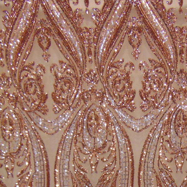 Victorian Egg/Tulip, Rose Gold, Big Print, Sequin, 4-way Stretch, Fabric 54" Sold By the Yard, Wedding, Prom, Dresses, Lingerie, Pageant