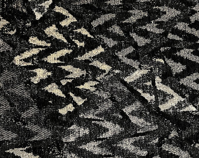 Panther Summit zigzag chenille heavy woven upholstery drapery fabric 56" Wide Black Charcoal Champagne