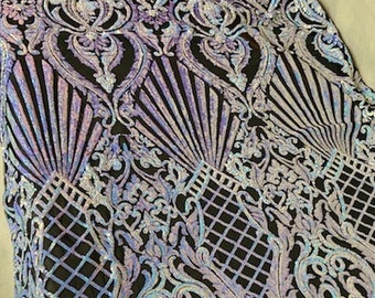 4-way Stretch Geometric Seashell fishnet sequin mesh dress grown Fabric BY THE YARD