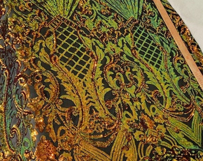 4-way Stretch Geometric Seashell fishnet sequin mesh dress grown Fabric BY THE YARD