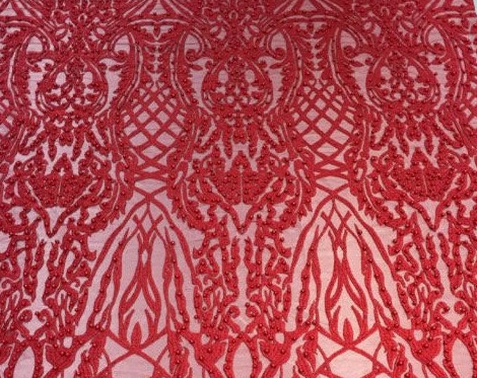BEADED scalloped Fabric by the yard, 52" Wide Lace, RED , mesh, dress,