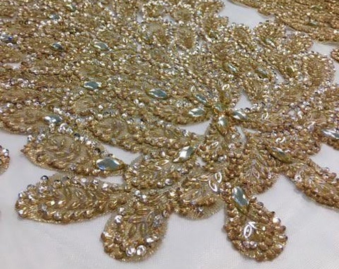 GOLD Vegas peacock sequin gem beaded on mesh, sold by the PANEL - prom, wedding, pageant, costume, home decor,dress