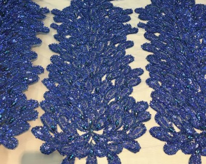 ROYAL BLUE  Vegas peacock sequin gem beaded on mesh, sold by the panel - prom, wedding, pageant, costume, home decor,dress, FREESHIPPING