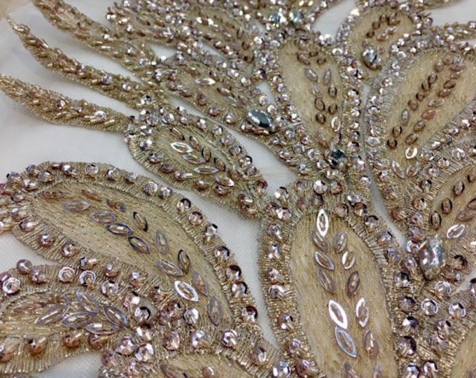 LIGHT GOLD Vegas peacock sequin gem beaded on mesh, sold by the PANEL - prom, wedding, pageant, costume, home decor,dress,