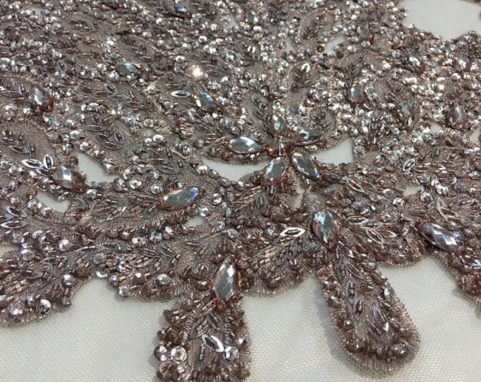 DUSTY ROSE Vegas peacock sequin gem beaded on mesh, sold by the panel - prom, wedding, pageant, costume, home decor,dress, FREESHIPPING