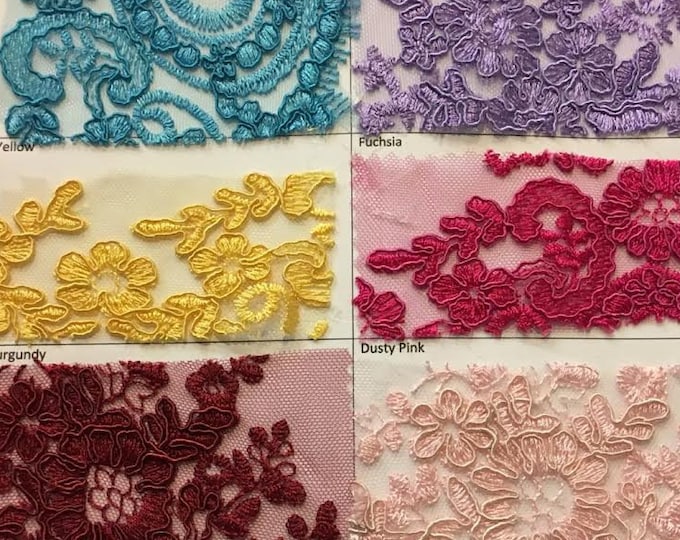 Sarah Floral Tulle Lace scalloped Edges Embroidery Fabric Sold By Yard AVAILABLE MULTIPLE COLORS