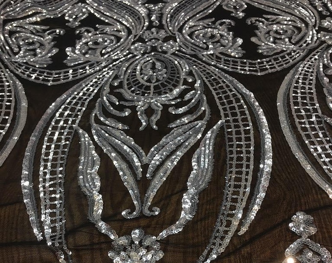 Victorian Tulip Sequin 4Way Stretch Mesh Lace Fabric BY THE YARD , 54" Wide