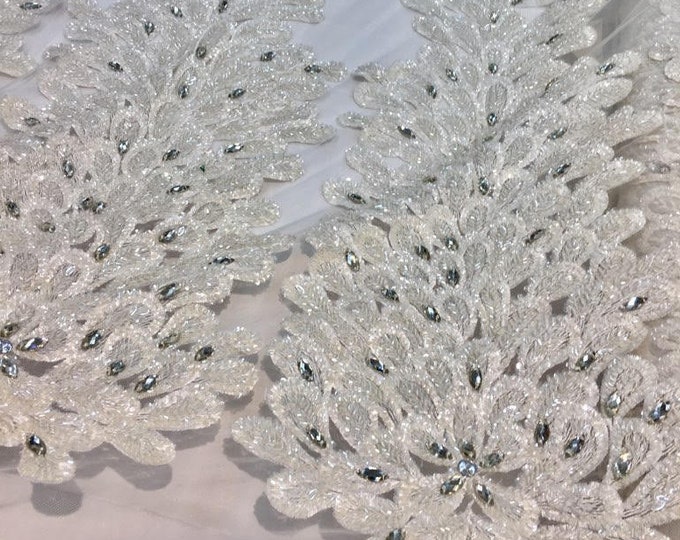 IVORY Vegas peacock sequin gem beaded on mesh, sold by the PANEL - prom, wedding, pageant, costume, home decor,dress, FREESHIPPING