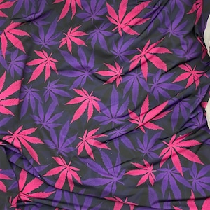 Purple pink black  Nylon spandex multicolored FLOWER  (PLANT) leaves print sold by the yard