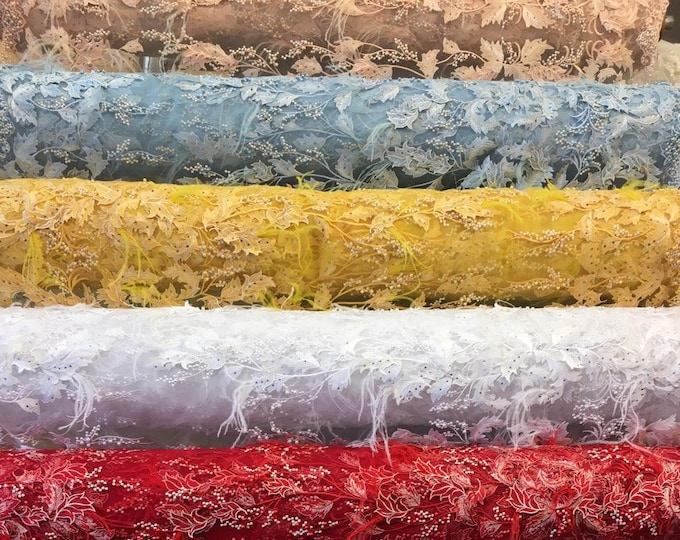 Melanie Feather Floral Leaves beaded mesh Fabric - Wedding Dress, Pageants, prom, bridesmaid, costume