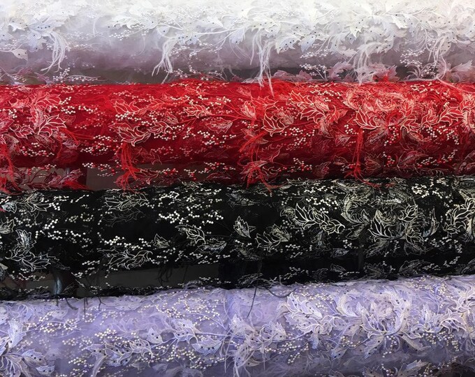 Melanie Feather Floral Leaves beaded mesh Fabric - Wedding Dress, Pageants, prom, bridesmaid, costume, award show, quinceanera